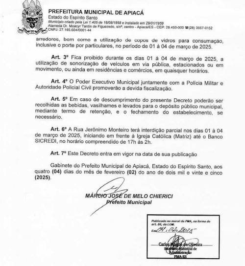 3-4 Apiacá Estabelece Medidas Rigorosas para o Carnaval 2025