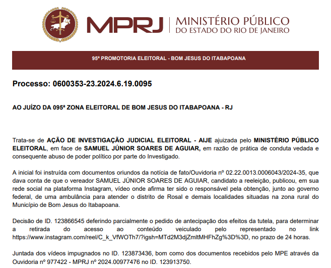 MP1 Ministério Público Eleitoral Dá Parece Favorável na AIJE Contra Samuel Júnior Soares de Aguiar