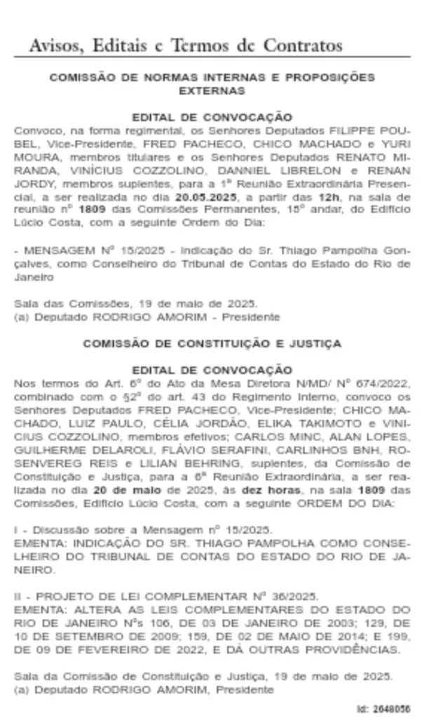 alerj Castro Oficializa Indicação de Pampolha ao TCE e ALERJ Convoca Sabatina