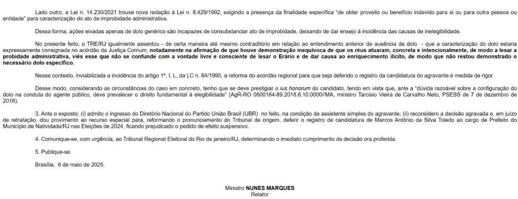 natividade TSE: Nunes Marques aceita recurso para Taninho assumir Prefeitura de Natividade