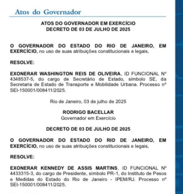 palacio 🛑 O Chão Está Riscado! Bacellar Exonera Washington Reis do Comando dos Transportes no RJ