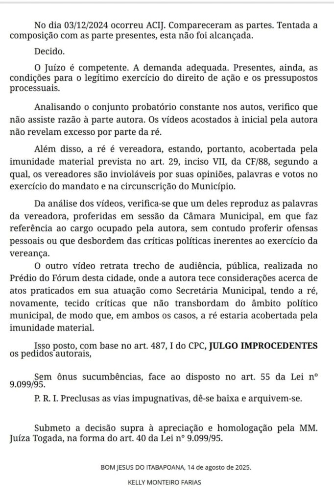 sentenca-2-682x1024 Justiça rejeita ação de Secretária contra ex-vereadora em Bom Jesus do Itabapoana