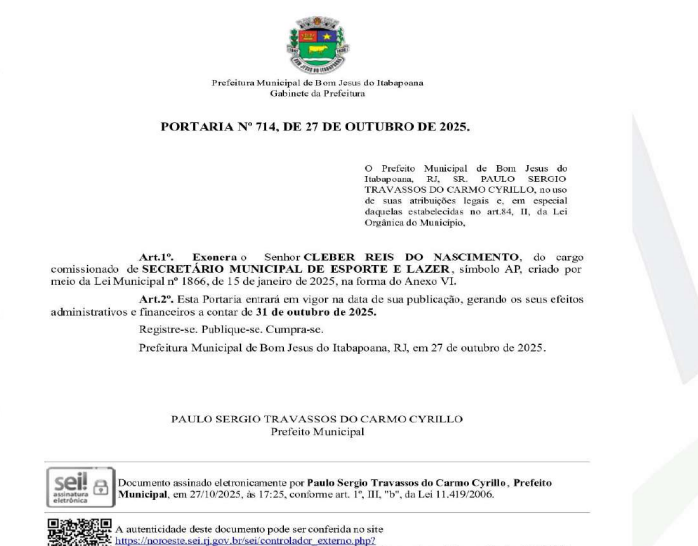 Exoneracao No Dia do Servidor, o Esporte Respira: Secretário é Exonerado em Bom Jesus