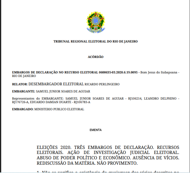 samuel-2 TRE-RJ Rejeita Recurso Protelatório de Samuel Júnior — E Reforça Condenação por Abuso de Poder nas Eleições de 2020