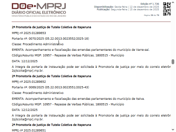 MP1 Ministério Público Estadual coloca lupa sobre emendas parlamentares em Bom Jesus, Italva e Varre-Sai