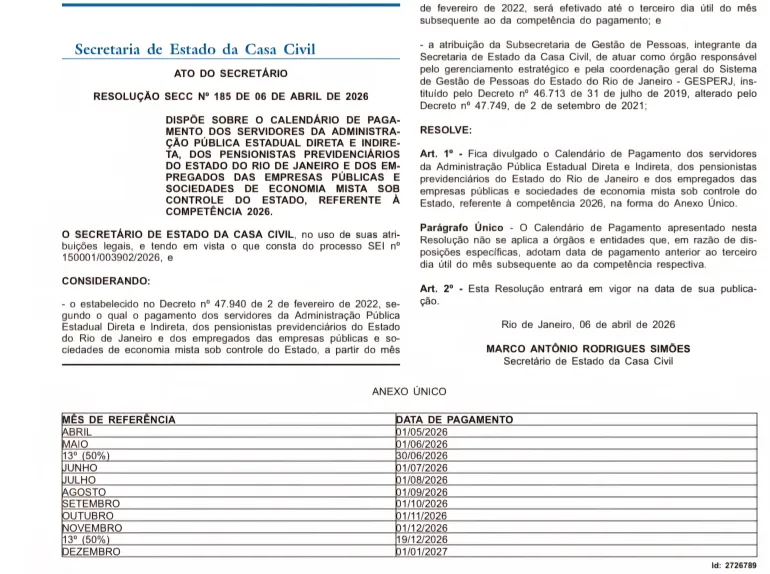 DO 💰 Governo do Rio antecipa calendário de pagamentos de 2026; veja as datas