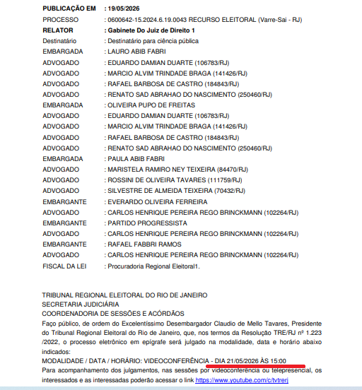 Varre-sai TRE-RJ Julga no Dia 21 Recurso de Paula Abib Fabri e Lauro Fabri em Caso de Suposta Compra de Votos